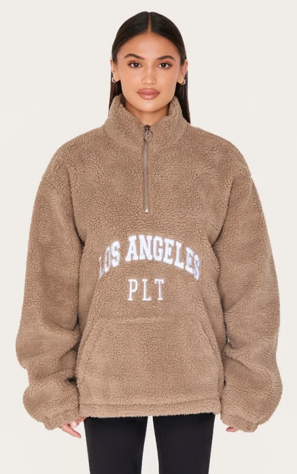 Taupe Quarter Zip Pocket Detail Fleece