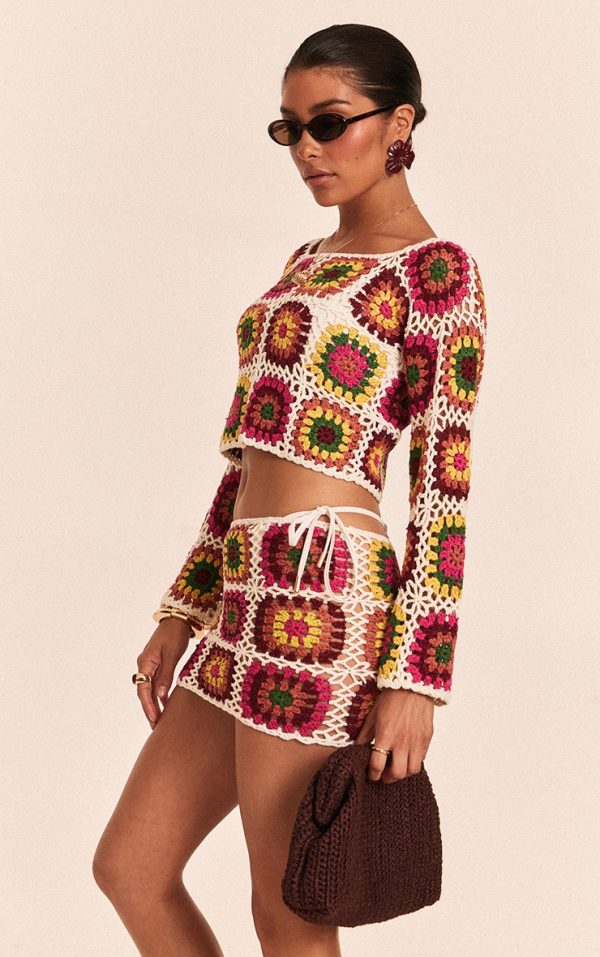 Petite Multi Crochet Knit Long Sleeve Top