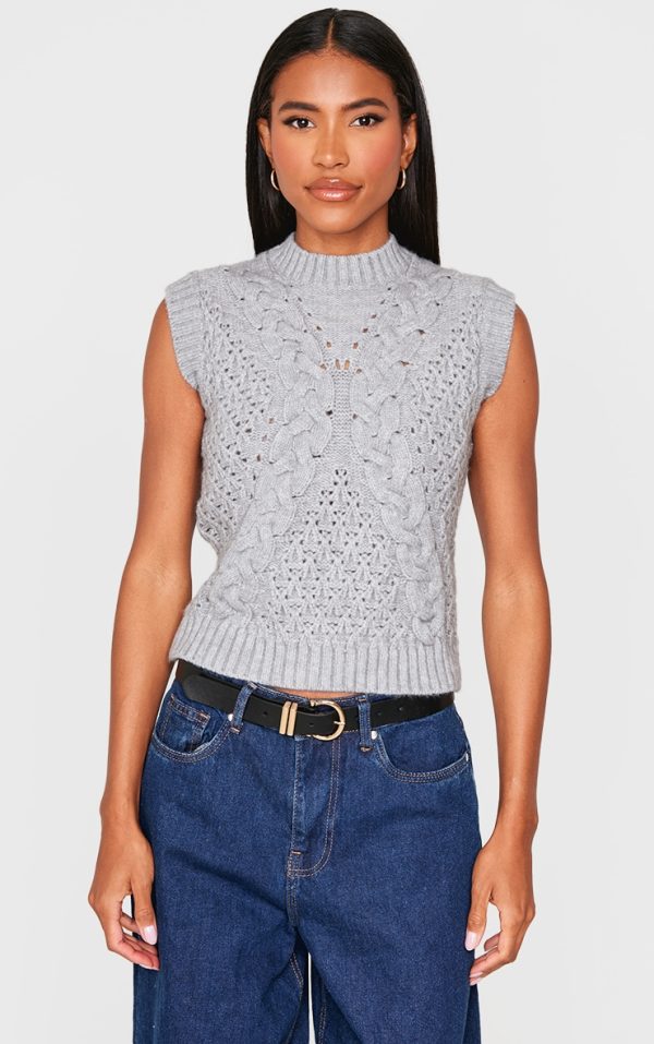 Grey Textured Cable Knit Sweater Vest