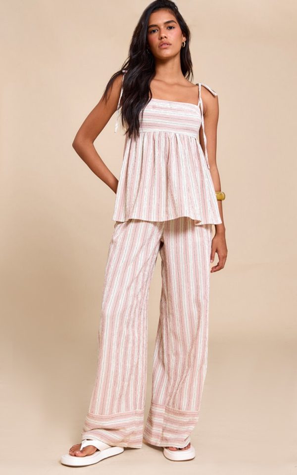 Pink Woven Textured Striped Straight Leg Pants
