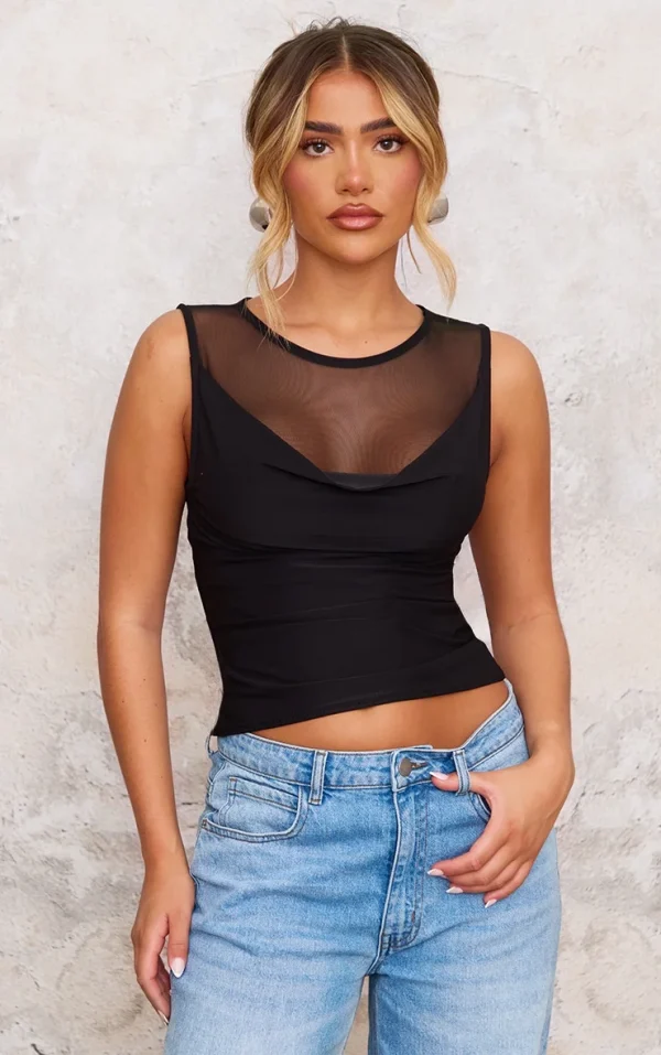 Black Mesh Panel Cowl Slinky Top