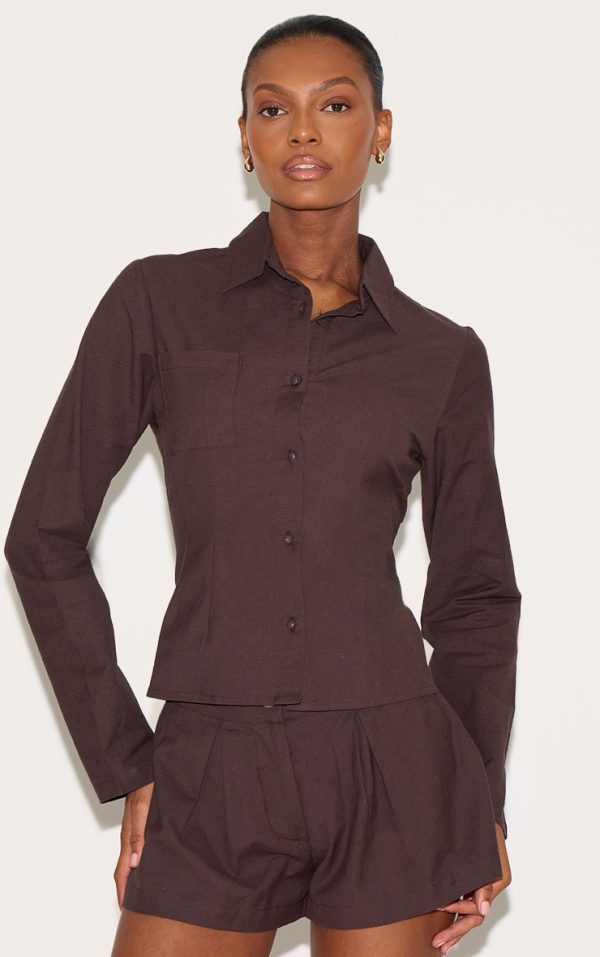 Chocolate Linen Look Button Up Fitted Shirt