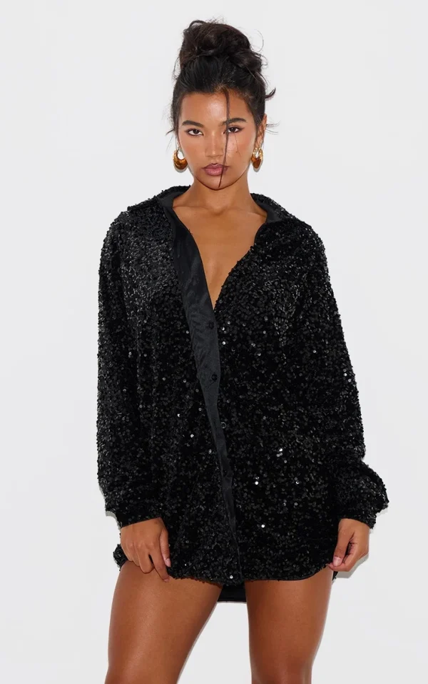 Black Velvet Sequin Oversized Shirt Dress