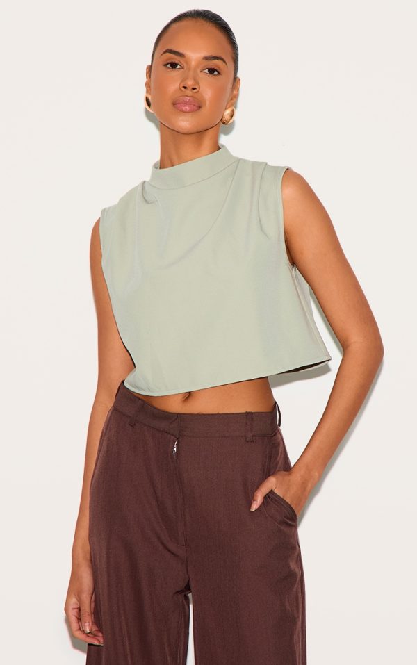 Sage Woven Pleated Boxy Top