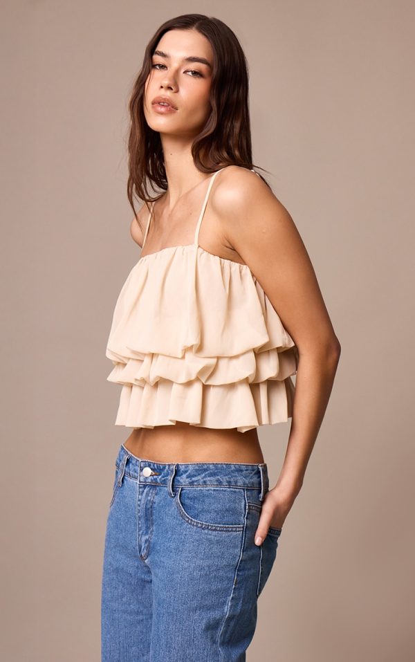 Cream Chiffon Layered Puffball Cami Top