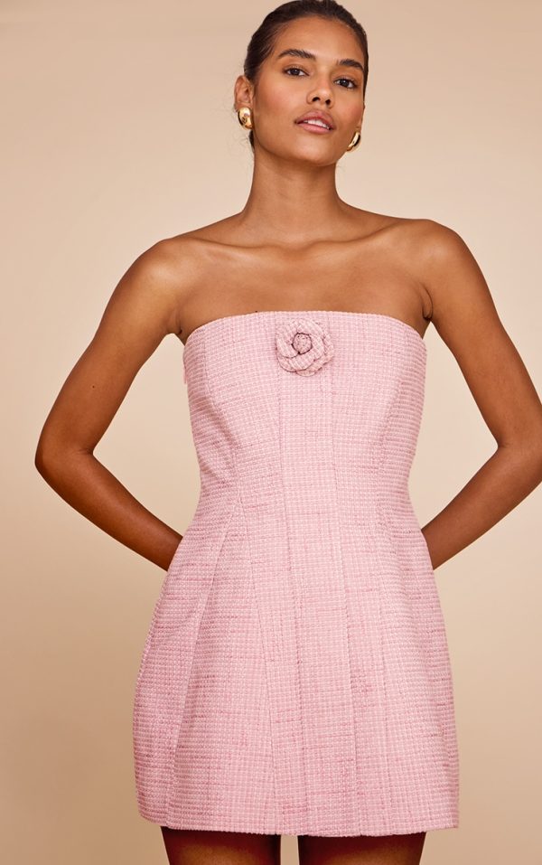 Premium Pale Rose Boucle Camellia A-line Dress