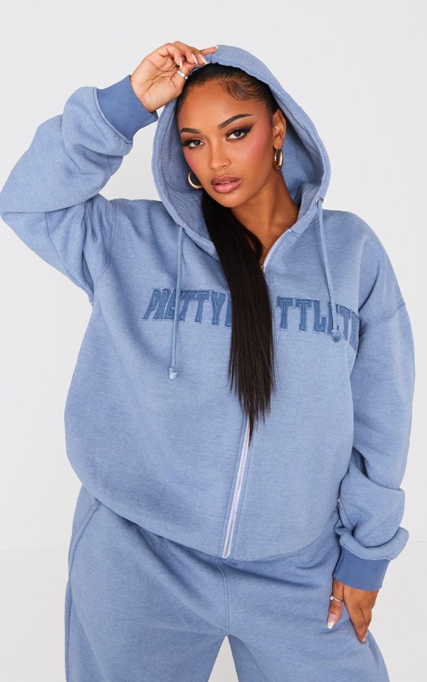 PRETTYLITTLETHING Shape Petrol Blue Embroidery Washed Zip Through Hoodie