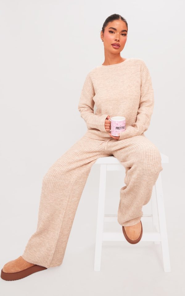 Petite Oatmeal Knit Wide Leg Pants