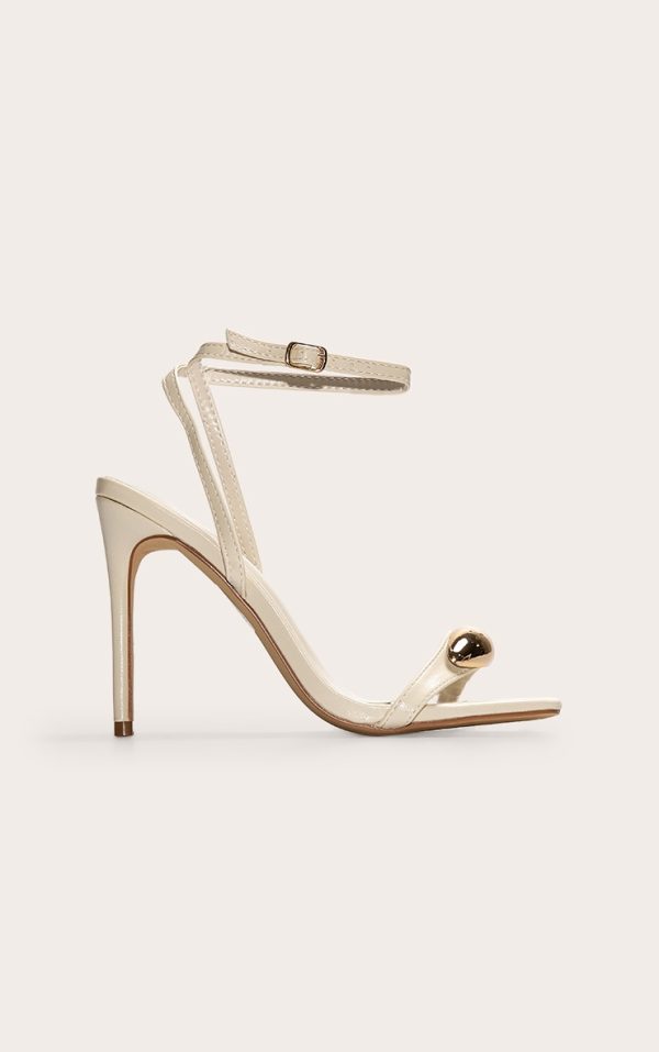 Cream Pu Square Toe Metal Trim High Stiletto Heeled Sandals