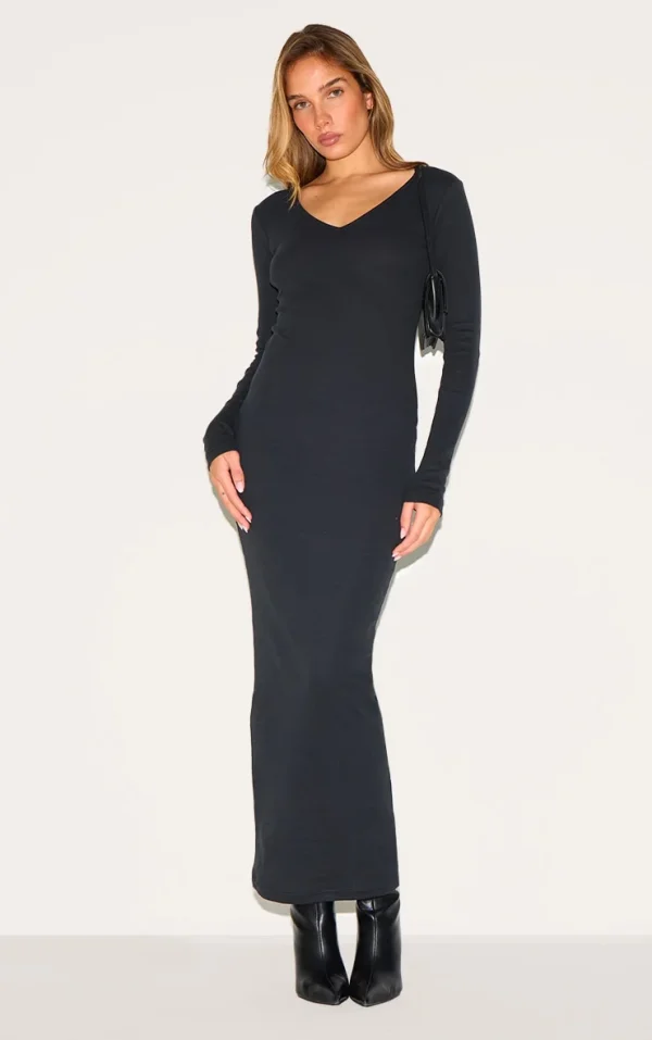 Black Ribbed V Neck Long Sleeve Maxi Dress