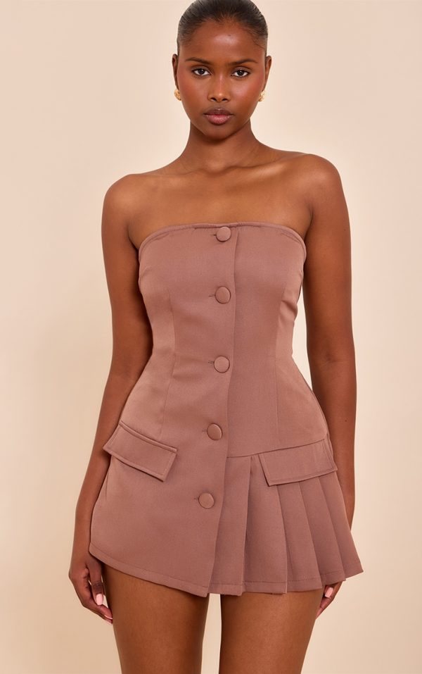 Mocha Tailored Pleat Detail Bandeau Romper