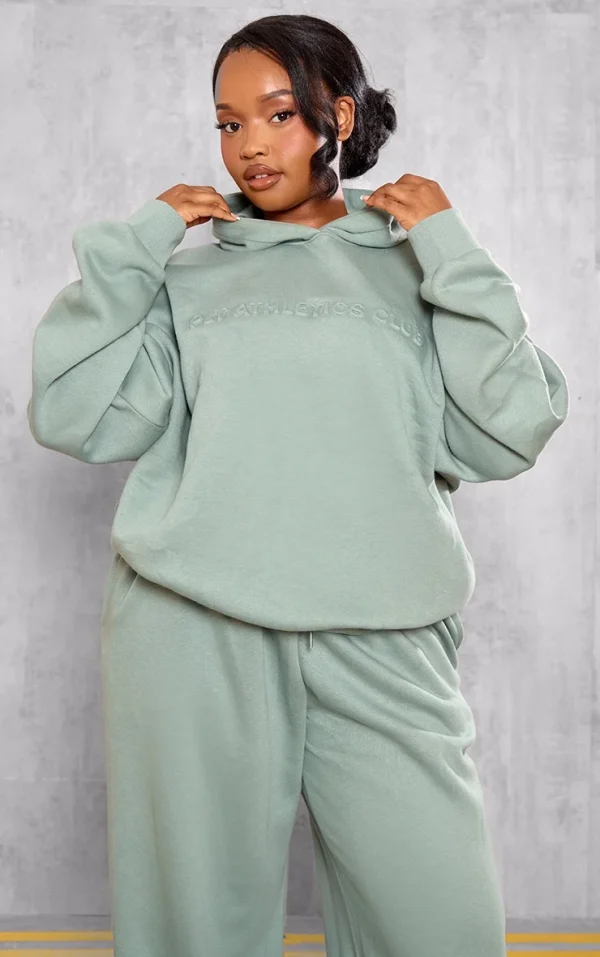 PRETTYLITTLETHING Plus Sage Athletics Club Embossed Oversized Hoodie