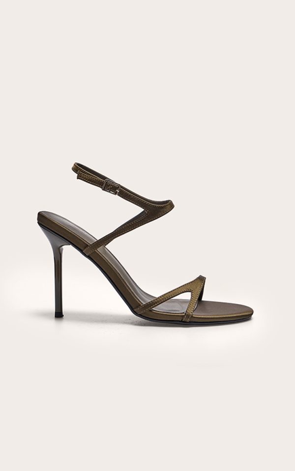 Olive Satin Round Toe Asymmetric Strap High Stiletto Heeled Sandals