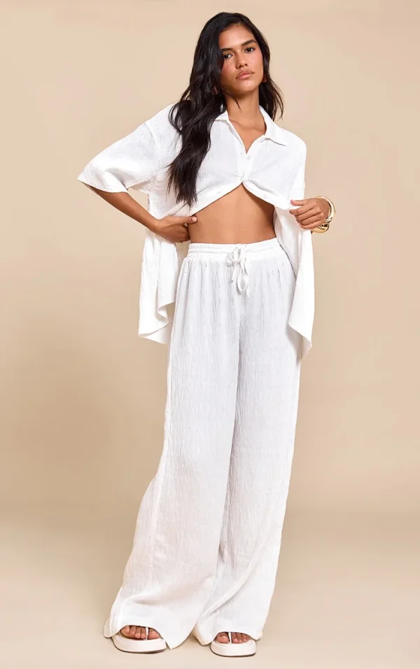 White Textured Woven Drawstring Wide Leg Pants