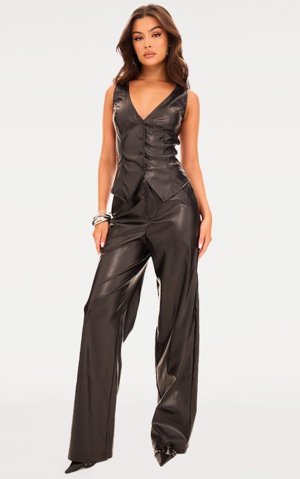Black Faux Leather Mid Rise Wide Leg Pants