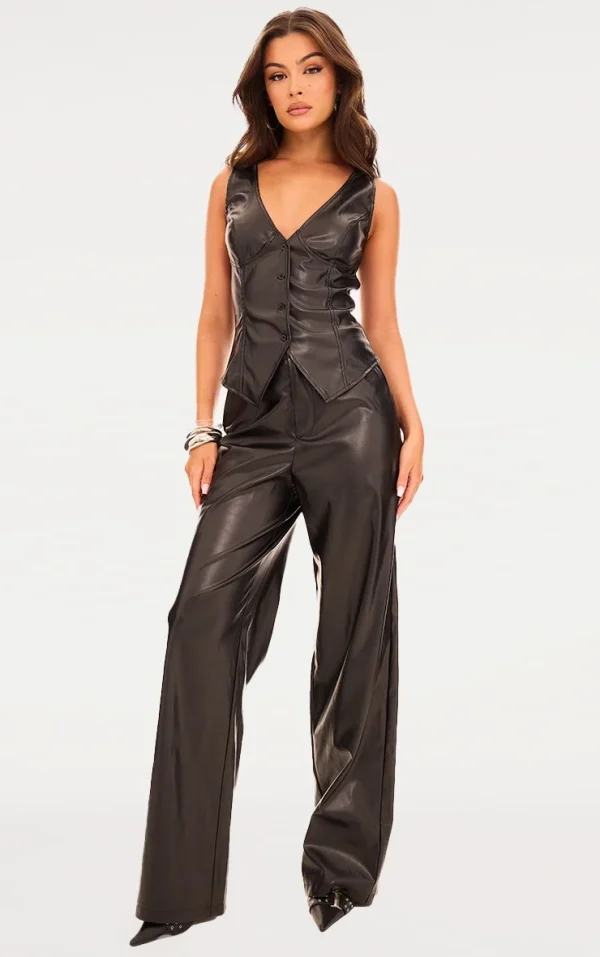 Black Faux Leather Mid Rise Wide Leg Pants