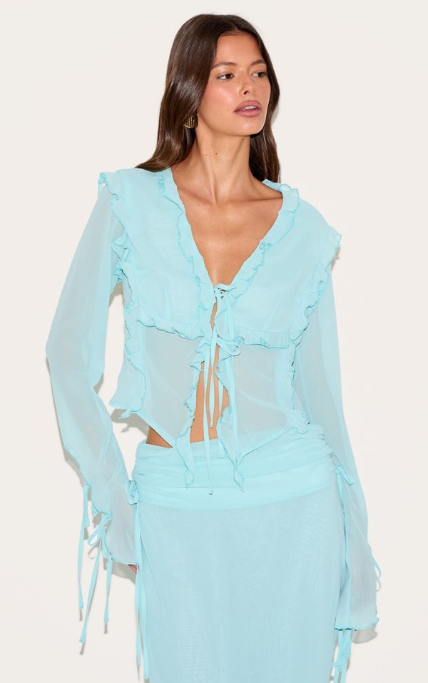 Aqua Chiffon Ruffle Tie Front Blouse