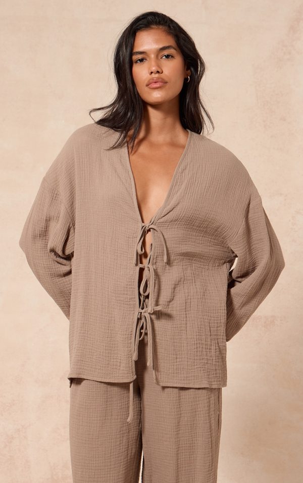 Clay Textured Cheesecloth Tie Front Shirt