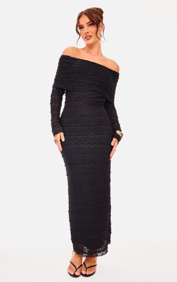 Black Textured Bardot Maxi Dress