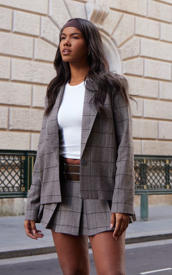 Brown Herringbone Oversized Blazer