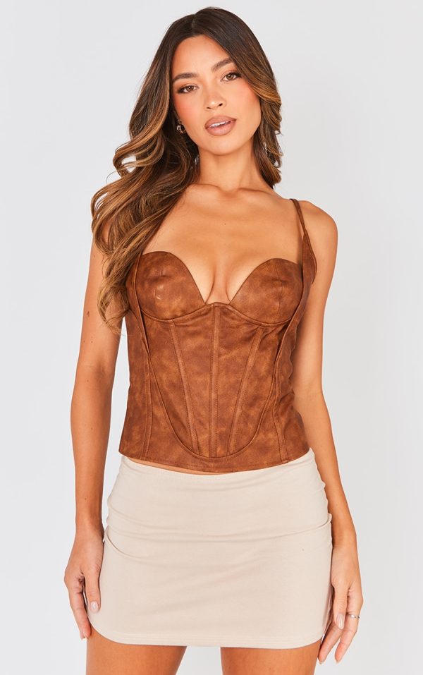 Brown Washed Faux Leather Boned Bust Detail Corset
