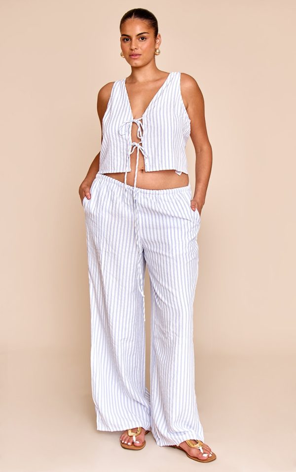Plus Blue Striped Tie Waist Straight Leg Pant