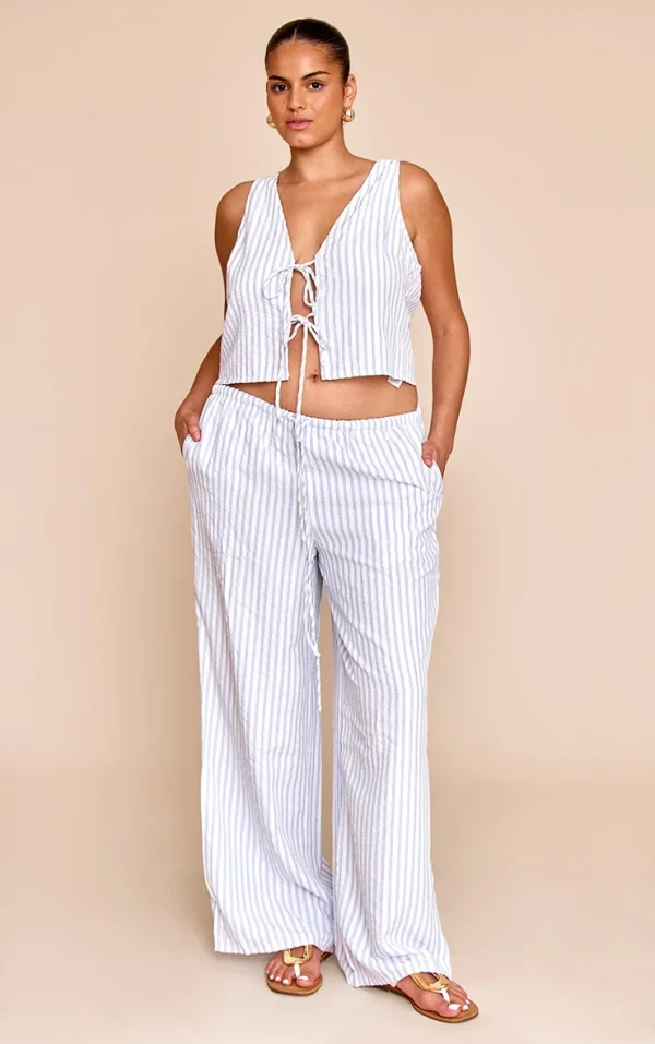 Plus Blue Striped Tie Waist Straight Leg Pant