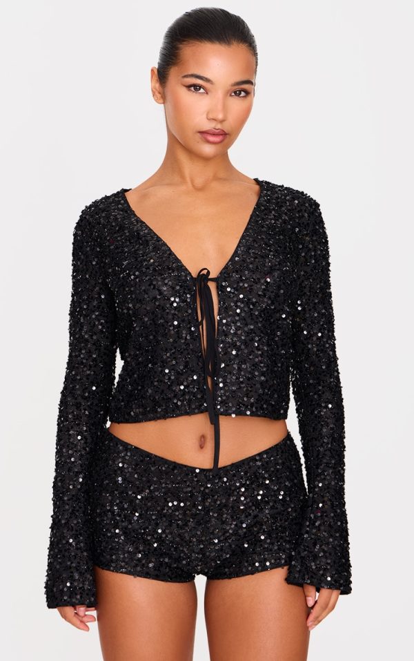 Black Textured Sequin Tie Top