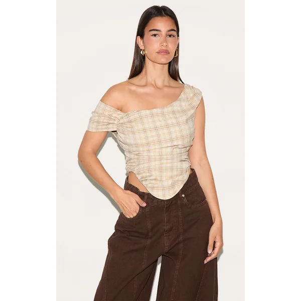 Beige Asymmetric Check Print Bardot Top