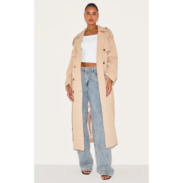 Beige Belted Double Breasted Trench Coat