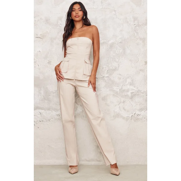 Beige Bengaline Straight Leg Pants