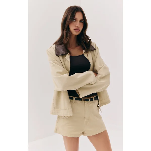 Beige Brown Collar Denim Jacket