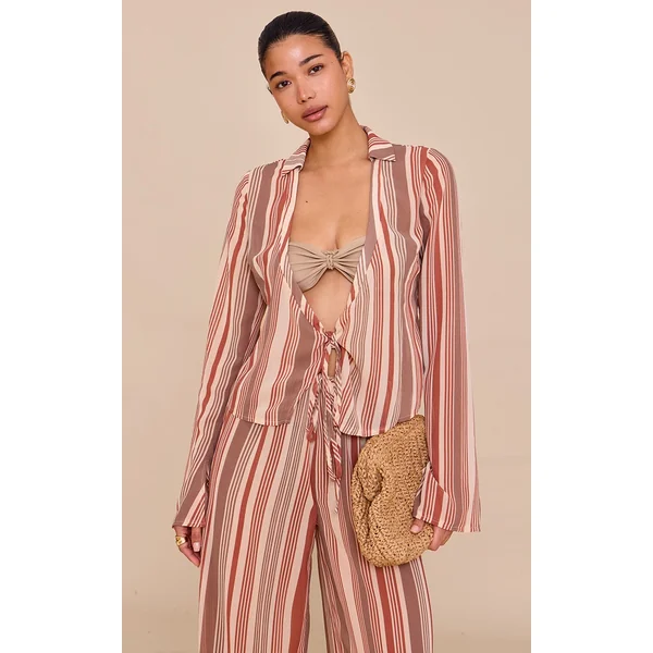 Beige Chiffon Striped Long Sleeve Tie Front Shirt