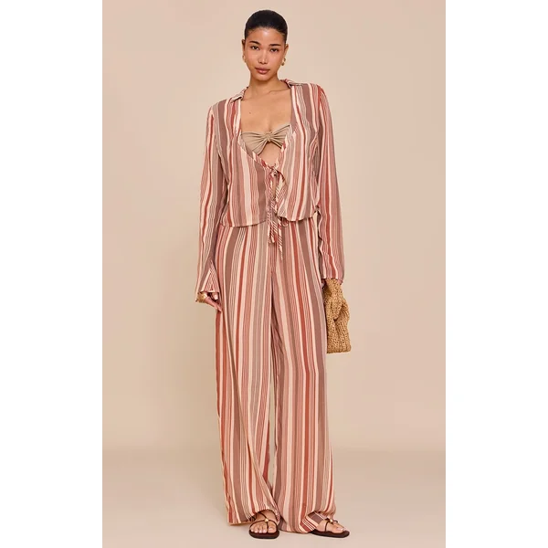 Beige Chiffon Striped Wide Leg Pants