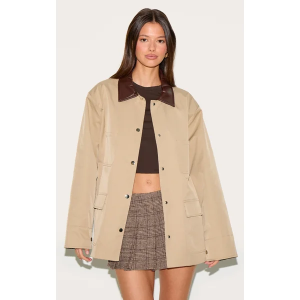 Beige Contrast Collar Rubberised Jacket