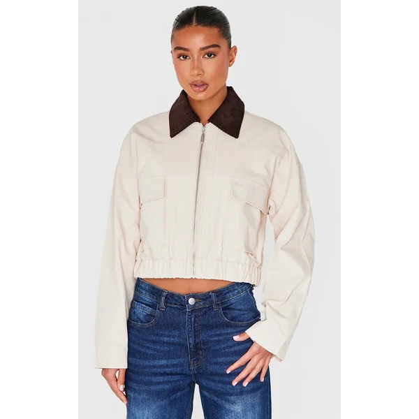 Beige Contrast Collar Twill Jacket