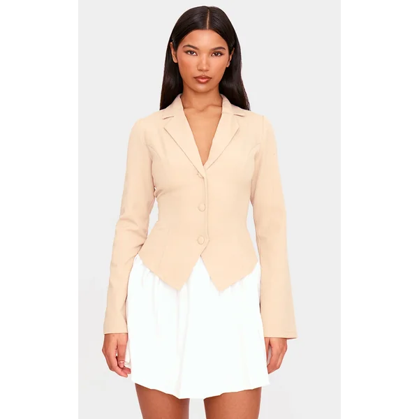 Beige Contrast Pleated Hem Blazer Dress