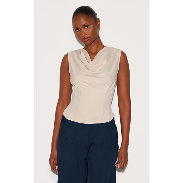 Beige Cowl Neck Woven Corset