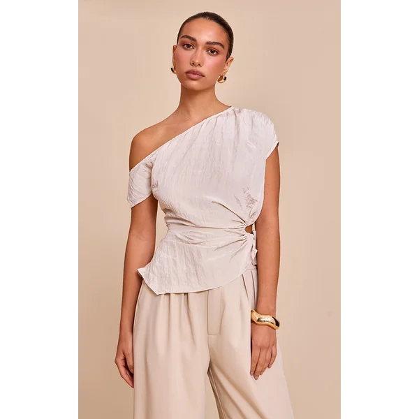 Beige Crinkle Matte Satin Cut Out Long Top