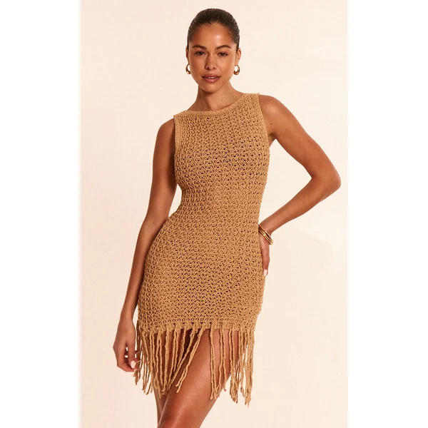Beige Crochet Boat Neck Tassel Mini Dress