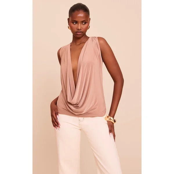 Beige Double Layer Slinky Extreme Cowl Neck Top