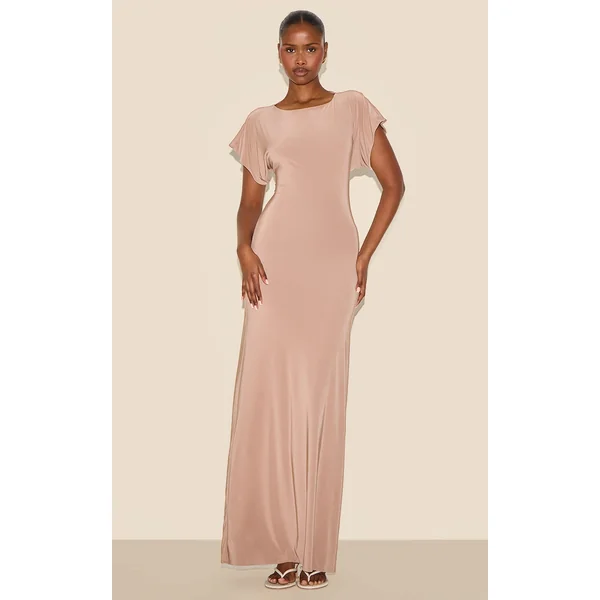 Beige Double Layered Slinky Ruched Short Sleeve Maxi Dress