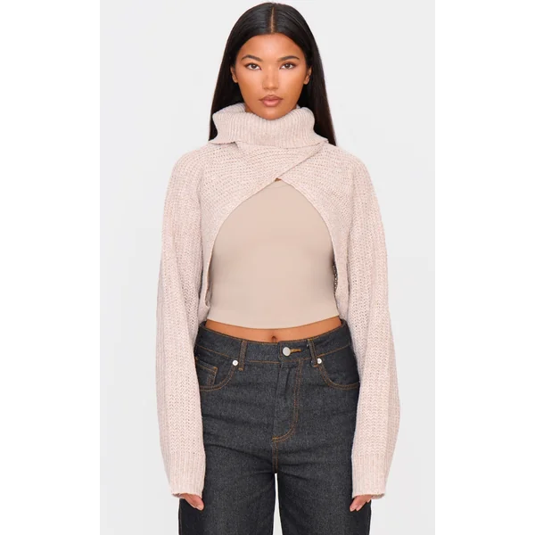 Beige Extreme Cropped Knit Sweater