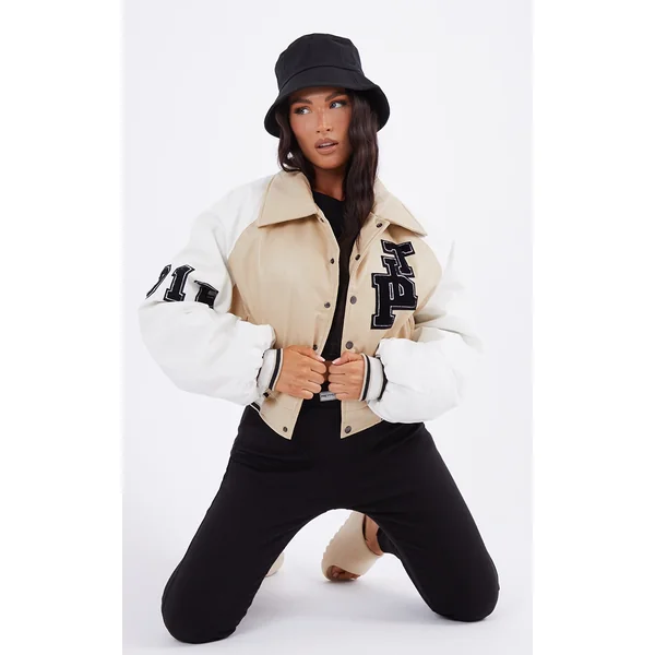 Beige Faux Leather Raglan Sleeve Cropped Varsity Bomber Jacket