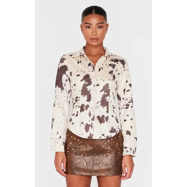 Beige Faux Suede Cow Print Fitted Shirt