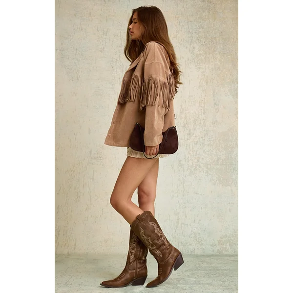 Beige Faux Suede Heavy Fringed Jacket