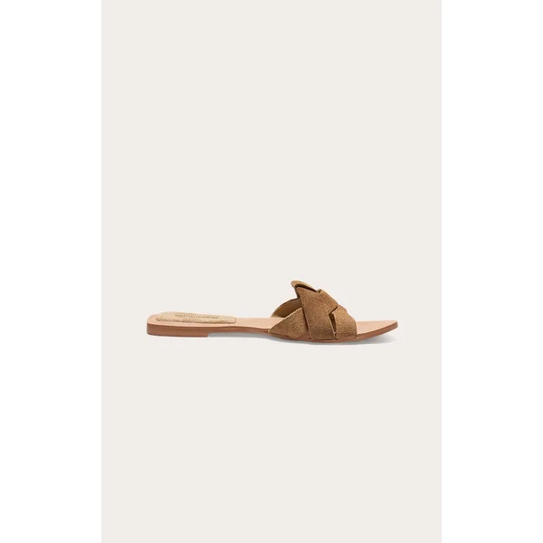 Beige Faux Suede Round Toe Flat Mule Sandals