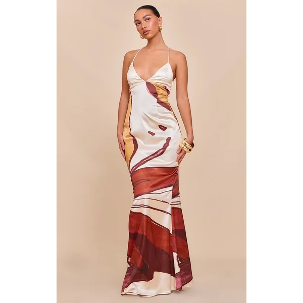 Beige Floral Print Satin Tie Back Maxi Dress