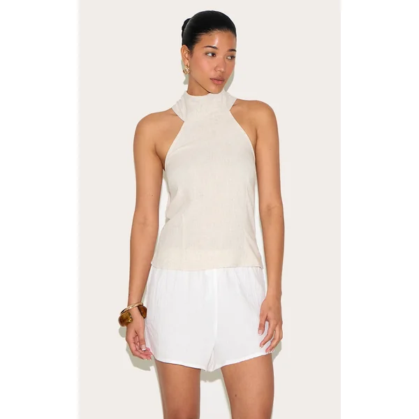 Beige Halterneck Lightweight Woven Top