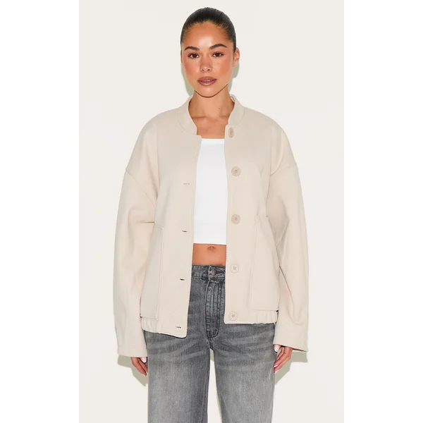 Beige Herringbone Oversized Bomber Jacket